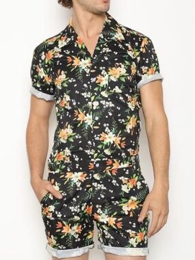 Romperjack Men’s Sz S Tropical Floral Romper One Piece Short Sleeve Black Orange